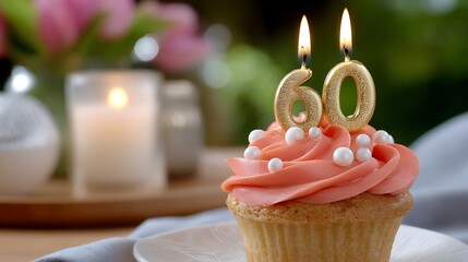 Festive cupcake with pink frosting and candles for a 60th birthday celebration