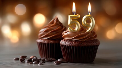 Chocolate cupcakes with fluffy frosting and gold candles for birthday celebration