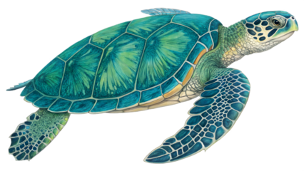 Realistic Sea Turtle Illustration in Green and Blue with Artistic Underwater Detailing