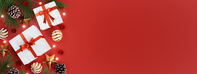 Christmas festive decorations with presents and ornaments. 3D render illustration