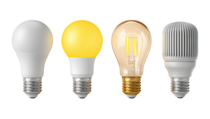 four different types of light bulbs on a Transparent background PNG