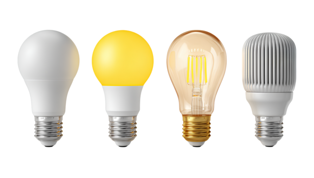 four different types of light bulbs on a Transparent background PNG