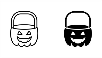 Halloween pumpkin bucket icon set. Jack o' lantern candy bucket, Halloween concept, vector illustration on white background