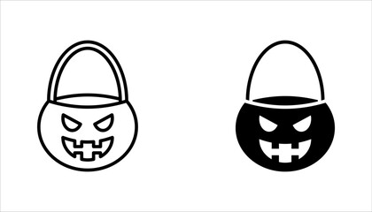 Halloween pumpkin bucket icon set. Jack o' lantern candy bucket, Halloween concept, vector illustration on white background