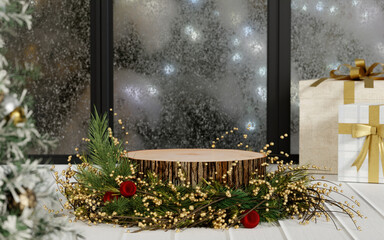 Christmas winter scene with natural decor and seasonal gifts. 3D render illustration