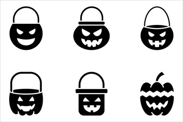 Halloween pumpkin bucket icon set. Jack o' lantern candy bucket, Halloween concept, vector illustration on white background