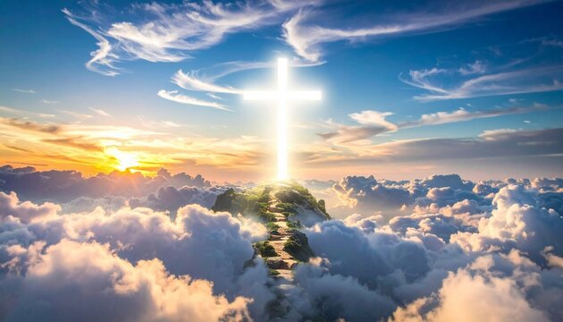 A cross of light in a cloud against a blue sky.