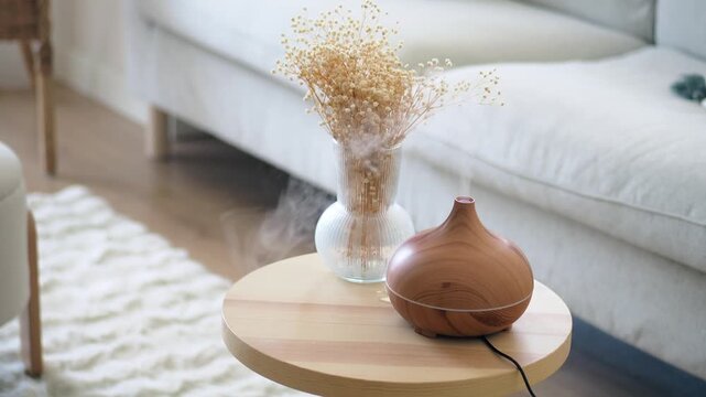 Relaxing home atmosphere with a diffuser and flowers