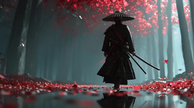 a lone samurai walking slowly through a misty forest, holding a katana at his side, wearing a traditional straw hat and kimono