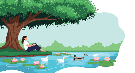 Fototapeta premium A woman relaxes by a tranquil pond surrounded by nature and wildlife.