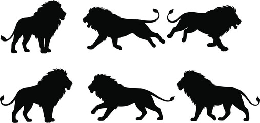 Lion silhouette, wild animal, African wildlife, big cat, predator, majestic mane, walking lion, running lion, safari scene, nature illustration