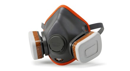 Protective mask for breathing, gray with orange and white accents, lying on a white surface