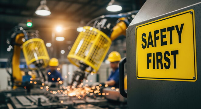 "Safety First" sign in a modern factory with robotic arms welding, emphasizing industrial safety protocols, automation, and advanced manufacturing processes. - Powered by Adobe
