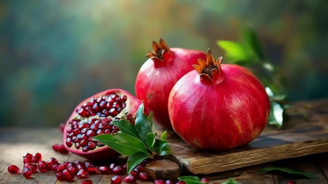 Vibrant pomegranate fruit on a wooden surface with rich colors