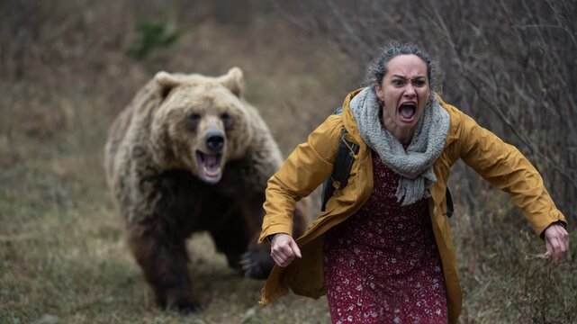 Bear chasing a woman running away