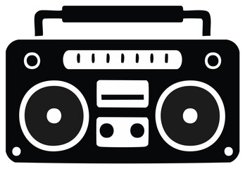 Obraz premium Retro portable stereo music player with speakers and handle black and white graphic icon