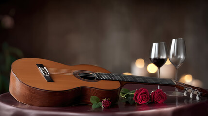 Classical acoustic guitar red rose wine glass candlelight romantic mood wooden table music evening celebration