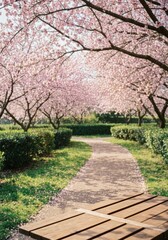 Path Through Cherry Blossom Trees in Bloom with Green Grass and Wooden Bench in Sunlight