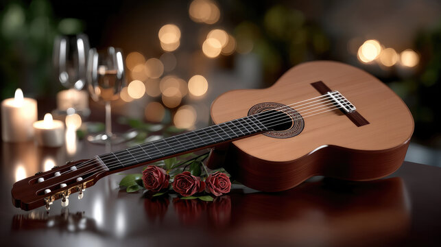 Classical acoustic guitar with wooden body, romantic roses, candles, and wine glasses on table, warm bokeh background
