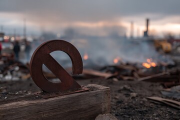 Fototapeta premium Rusty Prohibition Symbol Stands Amidst A Burning, Smoking Disaster Zone, Warning Signifying A Forbidden Area And Environmental Catastrophe, disaster zone, forbidden, environmental warning
