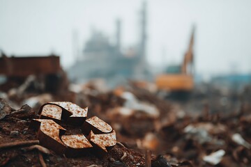 Rusty Recycling Symbol Sits Amidst A Pile Of Scrap Metal In A Junkyard With An Excavator In The Background, Recycling Industry, Waste Management, Environmental Concern, scrap metal, recycling