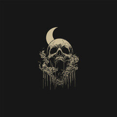 Dark and occult illustration of a screaming human skull with dripping details, surrounded by swirling smoke and crowned by a crescent moon