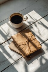 Minimalist Flat Lay Scene with Black Coffee and Brown Paper Envelope on a White Wood Table, Illuminated by Soft Sunlight

