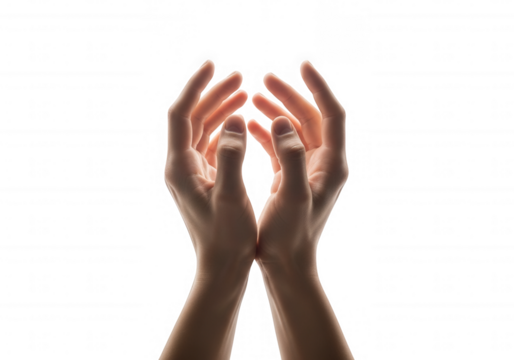 Gentle cupped hands reaching upwards isolated on a transparent background