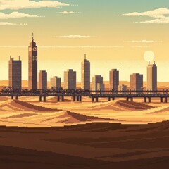 Pixel Art Cityscape with Desert Dunes and Bridge at Sunset
