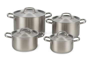 Stainless steel cooking pots set with lids, kitchen utensils for healthy meal preparation and gourmet food