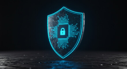 Abstract blue glowing shield with an integrated circuit and padlock, symbolizing robust cybersecurity, data protection, and network safety in a secure digital environment