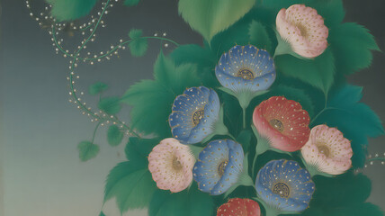 Mughal painting style botanical composition with fine details
