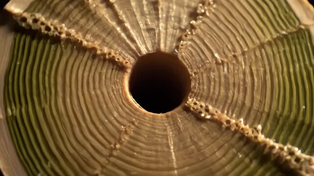 Examining a Tree Cross Section Showing Growth Rings, Wood Grain Close Up
