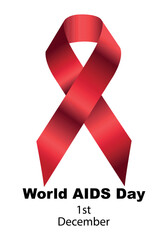 World AIDS Day, December 1st. Red ribbon symbol of awareness and support, presented on a clean white background with bold text. World AIDS Day vector illustration with red ribbon loop