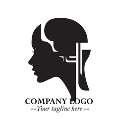 Head of Beautiful Woman as Robot Logo Symbol in Black on the White Background Futuristic Design