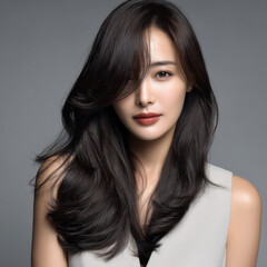 Fototapeta premium Elegant Korean woman with long wavy black hair, natural makeup, soft smile, studio portrait, modern fashion style