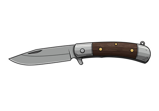 Vintage Folding Pocket Knife with Wooden Handle Illustration.