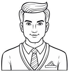 Handsome young businessman portrait, black and white line art illustration for a coloring book