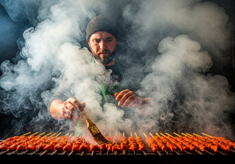 Obraz premium Bearded Man Enjoying Hookah Smoke in Ethereal Fog