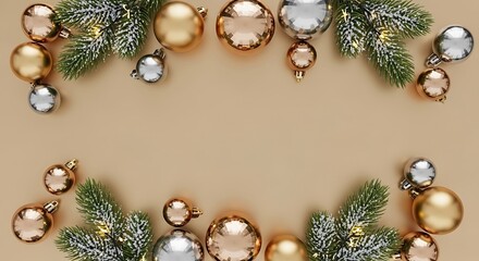 A festive arrangement of golden and silver Christmas ornaments with frosted pine branches on a neutral background.