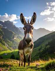 A donkey stands in a verdant field with mountains and sky in the background