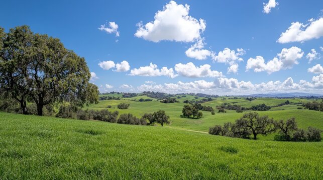 Expansive panoramic view of rolling hills dotted with soft clouds, inviting exploration