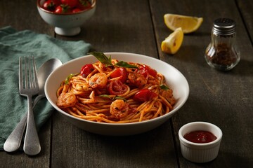 Delicious Shrimp and Tomato Spaghetti on a Rustic Table, Spaghetti with shrimps, tomatoes and basil on wooden table , stock photo