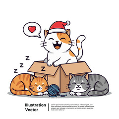 Sweet animated kittens celebrating the holiday season, one in a festive hat and two peacefully napping nearby