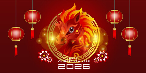 Happy Chinese New Year 2026 landscape with red horse head