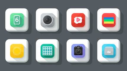 Vector Icon Set of App Symbols with Flat Design Style Featuring Bright Colors and Rounded Square Shapes for Digital User Interface