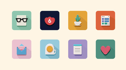 Minimalist Vector Icon Set Featuring Communication Productivity and Wellness Symbols in Soft Pastel Colors