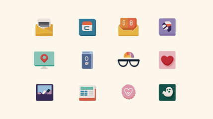 Vector Icon Set of Communication and Social Media Symbols in Flat Modern Style with Bright Colors
