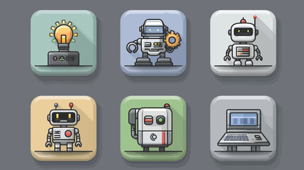 Vector Icon Set of Robots and Technology in Modern Flat Style with Bright Pastel Colors