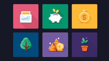 Vector Icon Set with Plant Tree Coin Bag and Fire Elements in Flat Modern Style